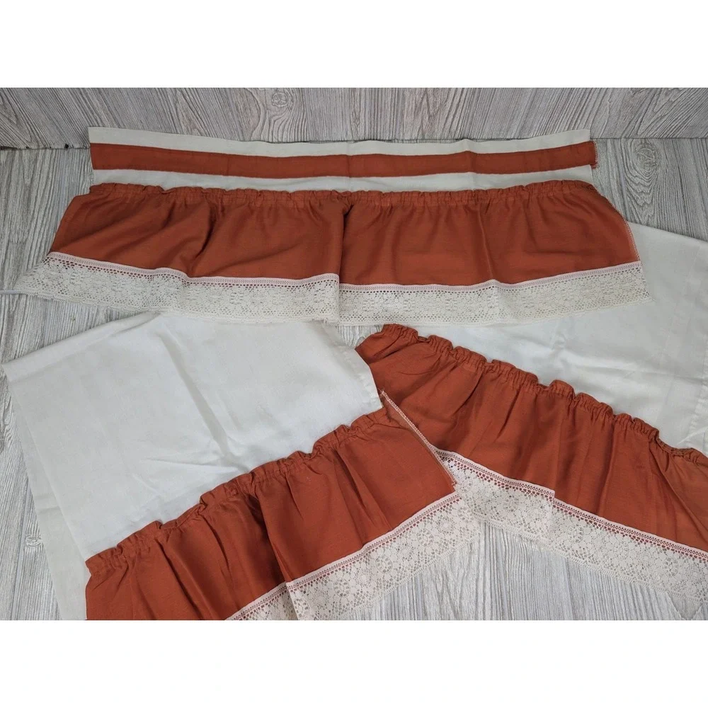 Vintage JC Penny Orange Kitchen Curtains 70s Valance Ruffle Lace Mod Groovy